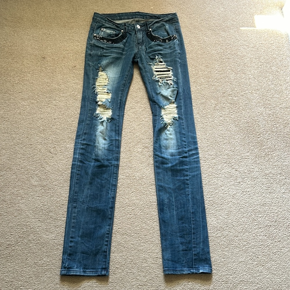 A7 black swarovski crystals distressed jeans